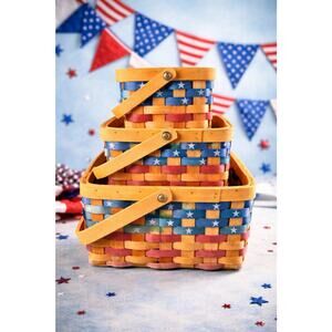 Patriotic American Flag Basket Set 3 Nesting Woven bentwood 4Th Of July Farm